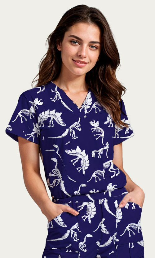 Scrub Top Jurassic Fossil Women